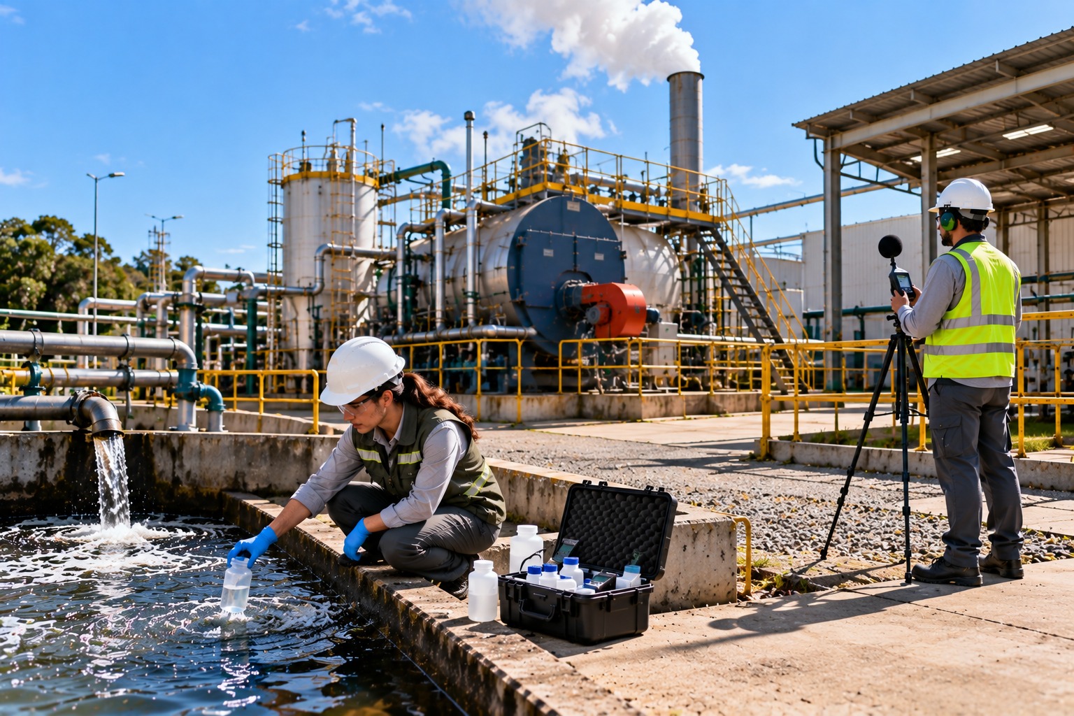 Técnicos ambientais realizando coleta de amostras de efluente e medições em uma estação industrial de tratamento